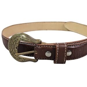 Vintage Angelica Classic Brown Leather Belt 3G Marked Gold-Toned Etched Buckle